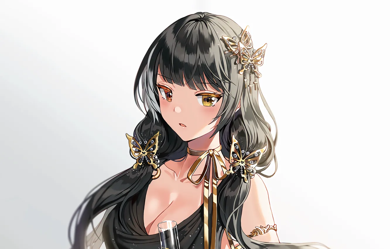 Фото обои girl, sexy, cleavage, blouse, long hair, boobs, anime, beautiful