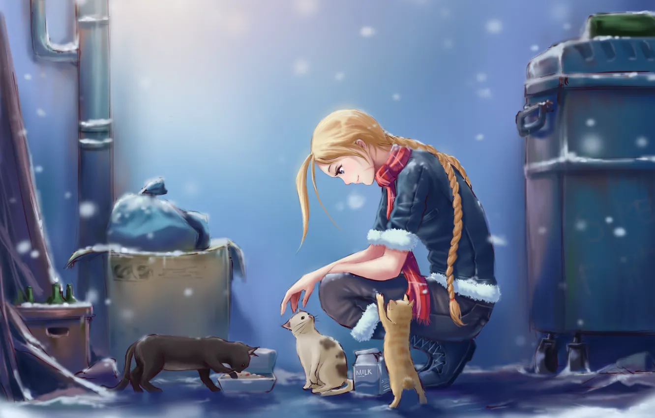 Фото обои девушка, снег, кошки, город, улица, молоко, арт, Cammy