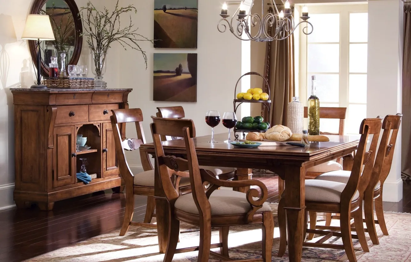 Фото обои стол, мебель, интерьер, стул, люстра, столовая