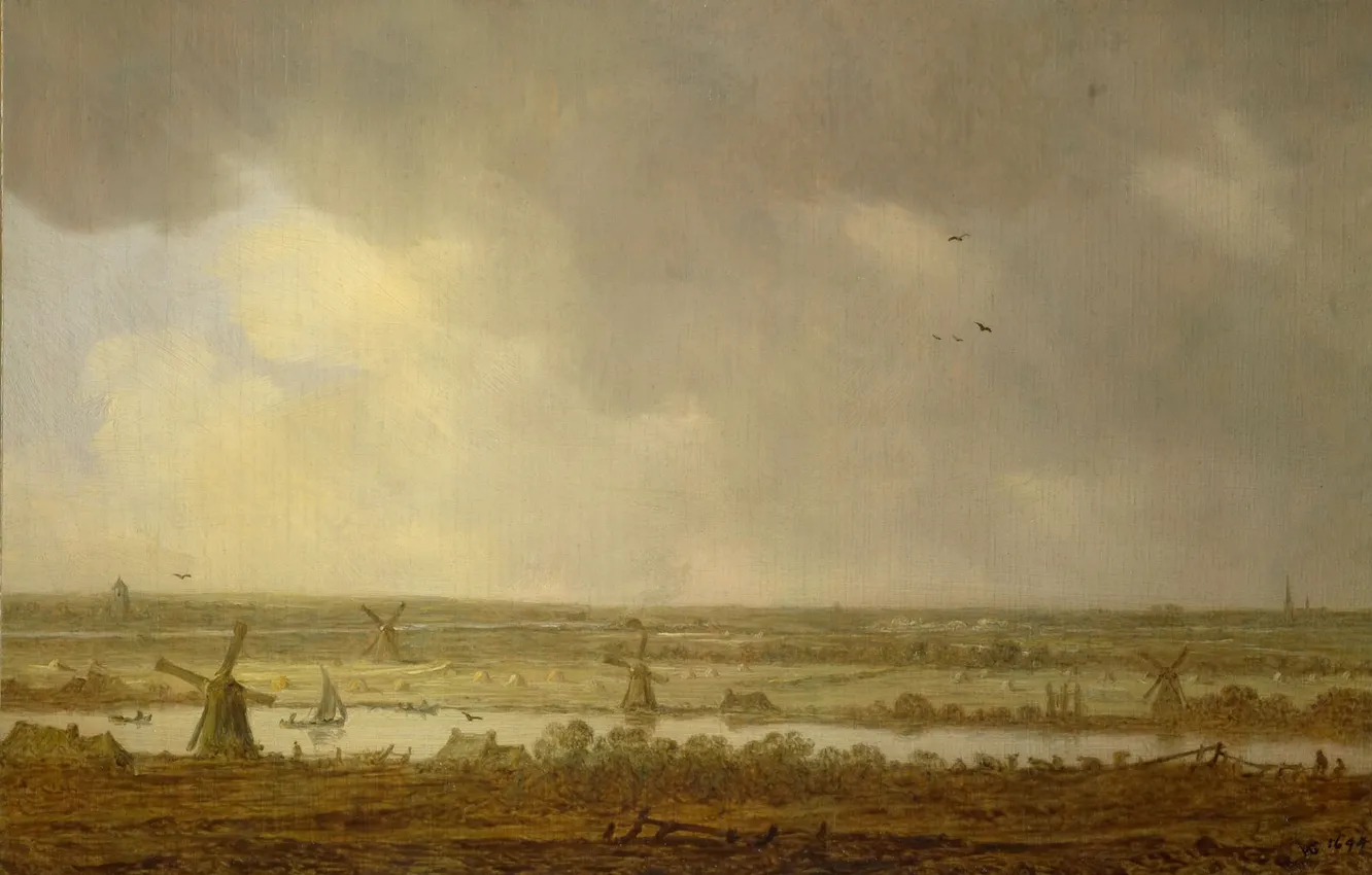 Фото обои масло, картина, ветряная мельница, Jan van Goyen, Ян ван Гойен, 1644, Пейзаж с Польдерным Каналом