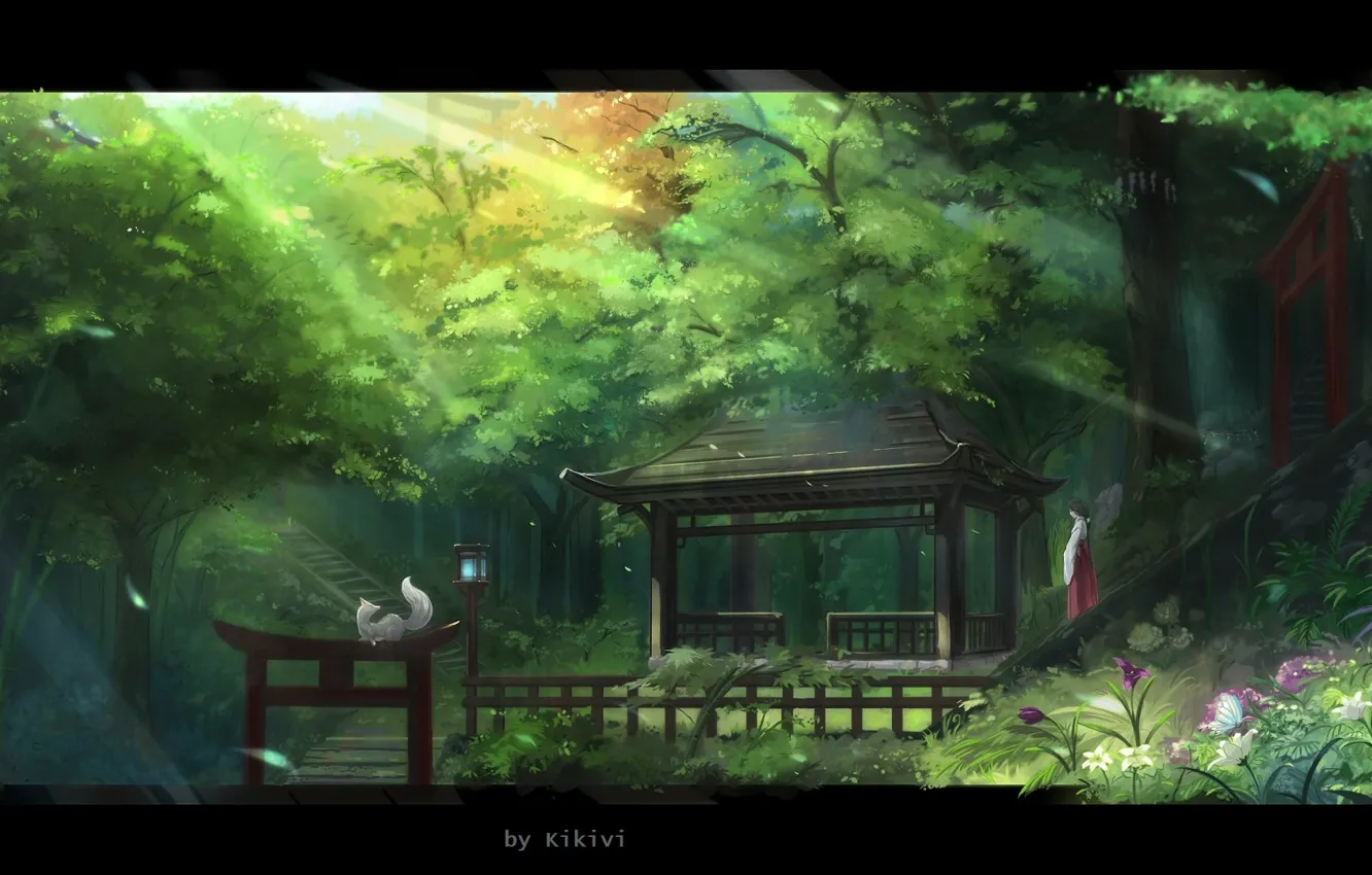 Фото обои Япония, лестница, фонарь, жрица, беседка, лучи солнца, сказочный лес, белый лис