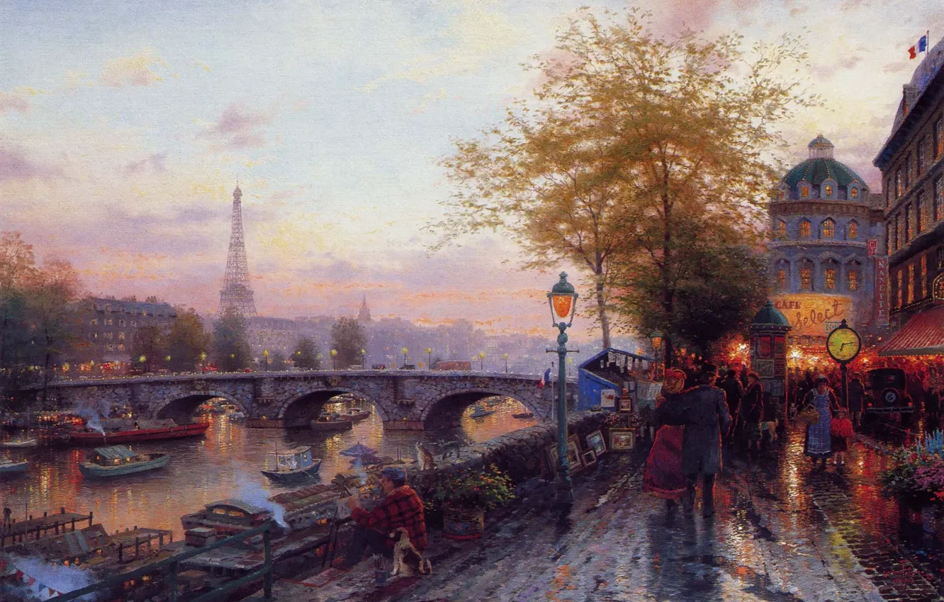 Фото обои Париж, картина, Эйфелева башня, Томас Кинкейд