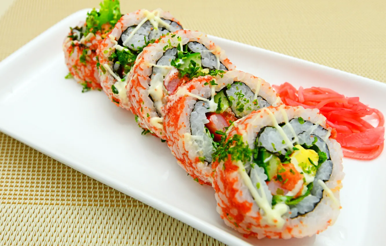 Фото обои rolls, sushi, суши, роллы, японская кухня, имбирь, ginger, Japanese cuisine