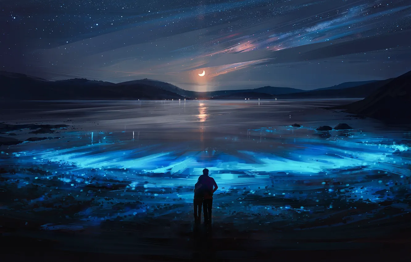 Фото обои girl, moon, sky, landscape, night, art, lake, stars
