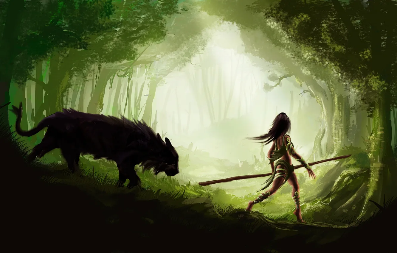 Фото обои лес, свет, животное, Девушка, копье