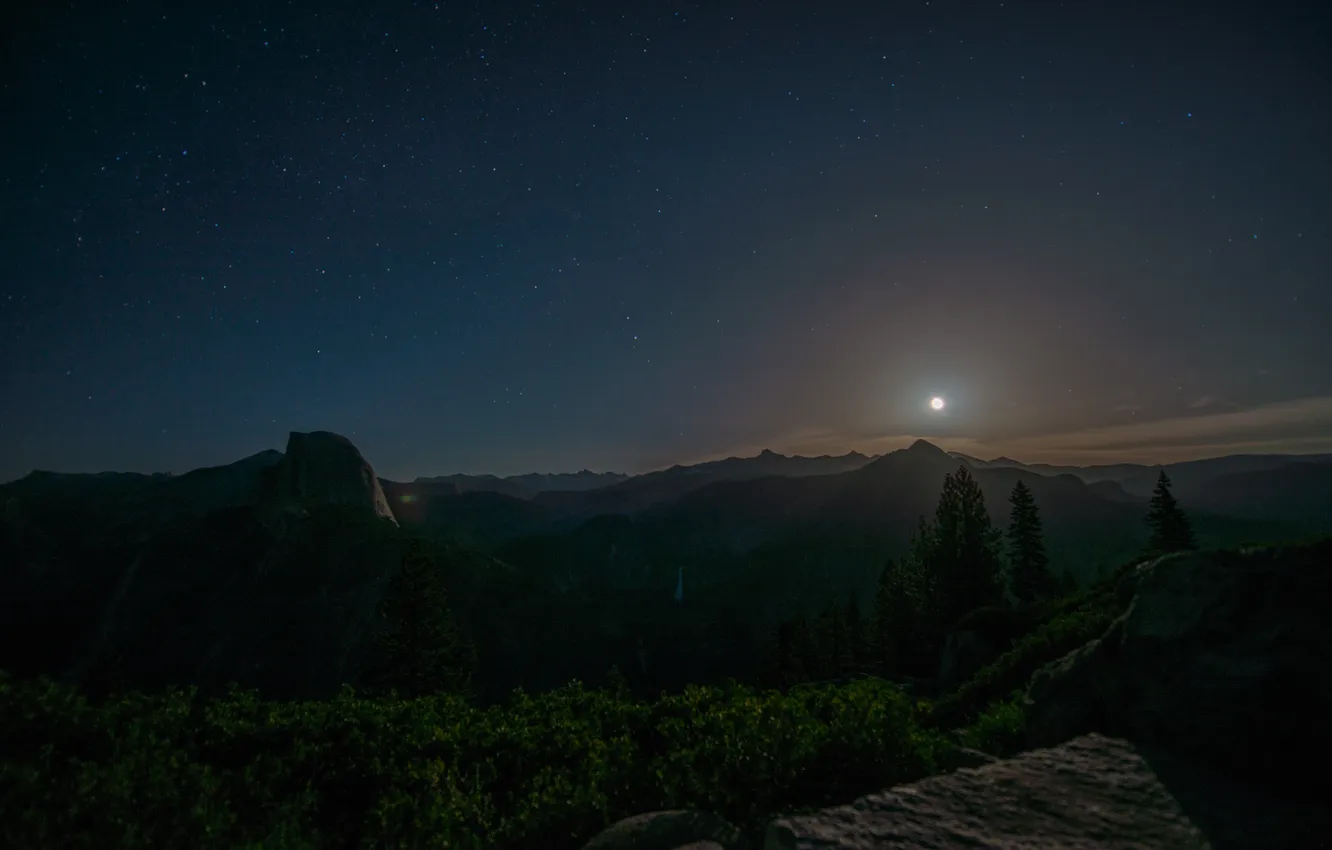 Фото обои пейзаж, горы, ночь, луна, Yosemite National Park, Glacier Point