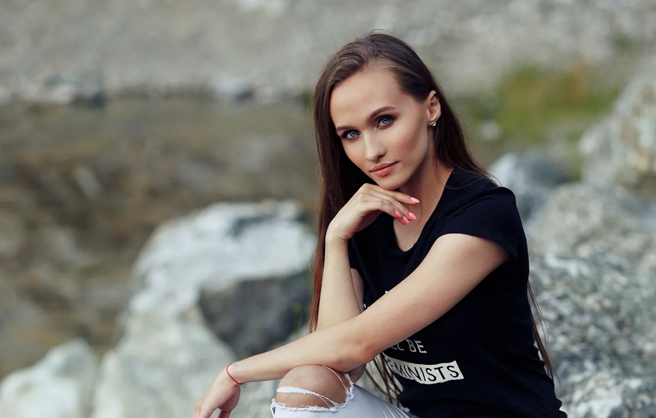 Фото обои взгляд, девушка, фото, модель, брюнетка, красивая, боке, Настя