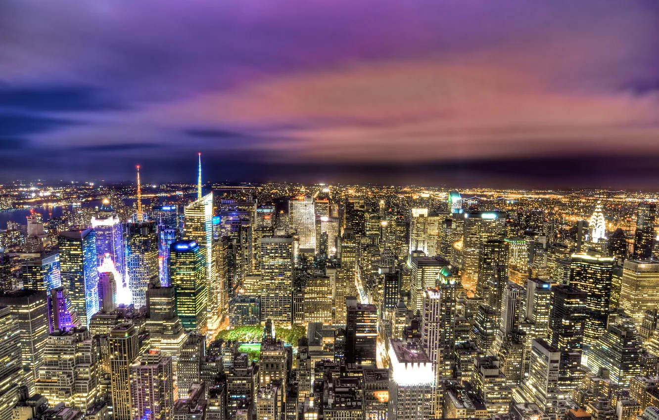 Фото обои закат, огни, Нью-Йорк, небоскребы, сумерки