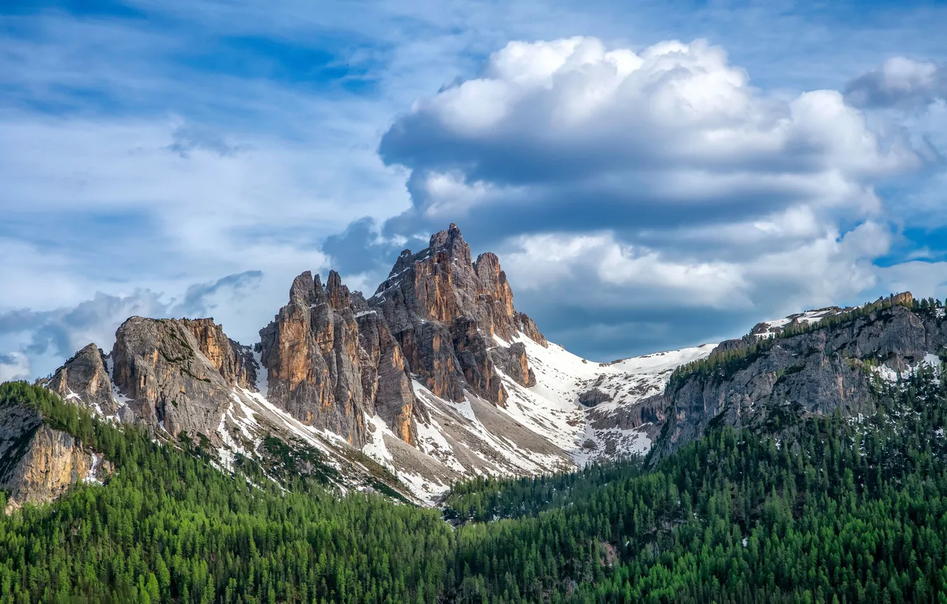 Фото обои Italy, Snow, Range, Dolomites Mountain, Green Jungle
