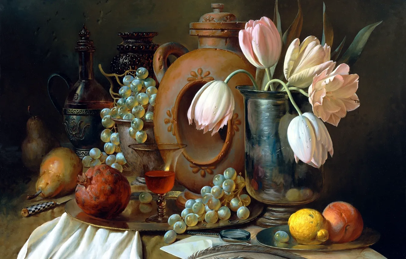 Фото обои письмо, цветы, ягоды, стол, перо, лимон, бокал, картина