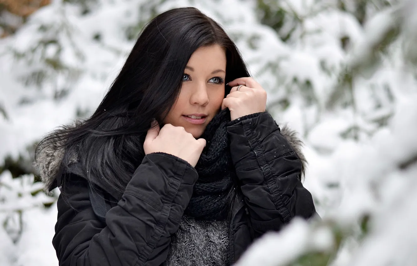 Фото обои зима, лес, девушка, снег, черные волосы, в черном