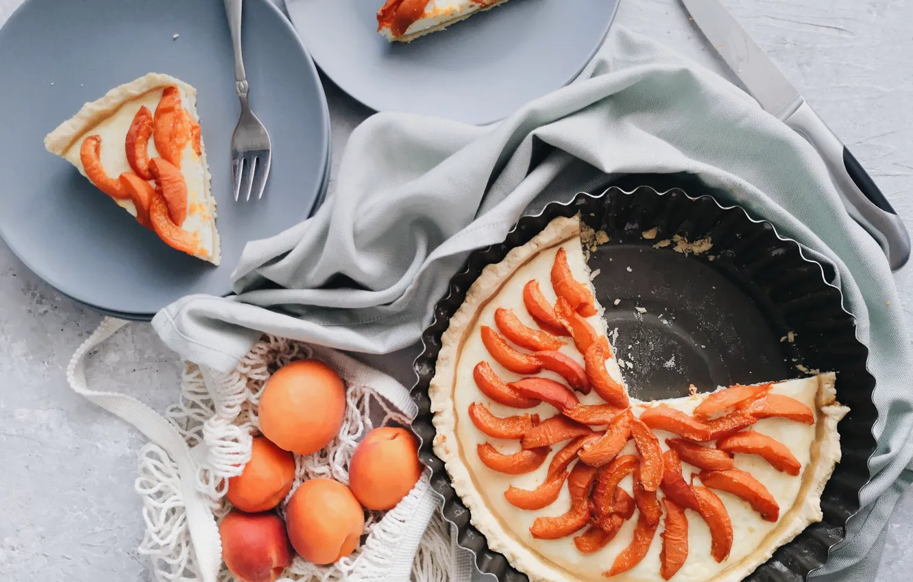 Фото обои тарелка, пирог, ткань, фрукты, персики, десерт, выпечка
