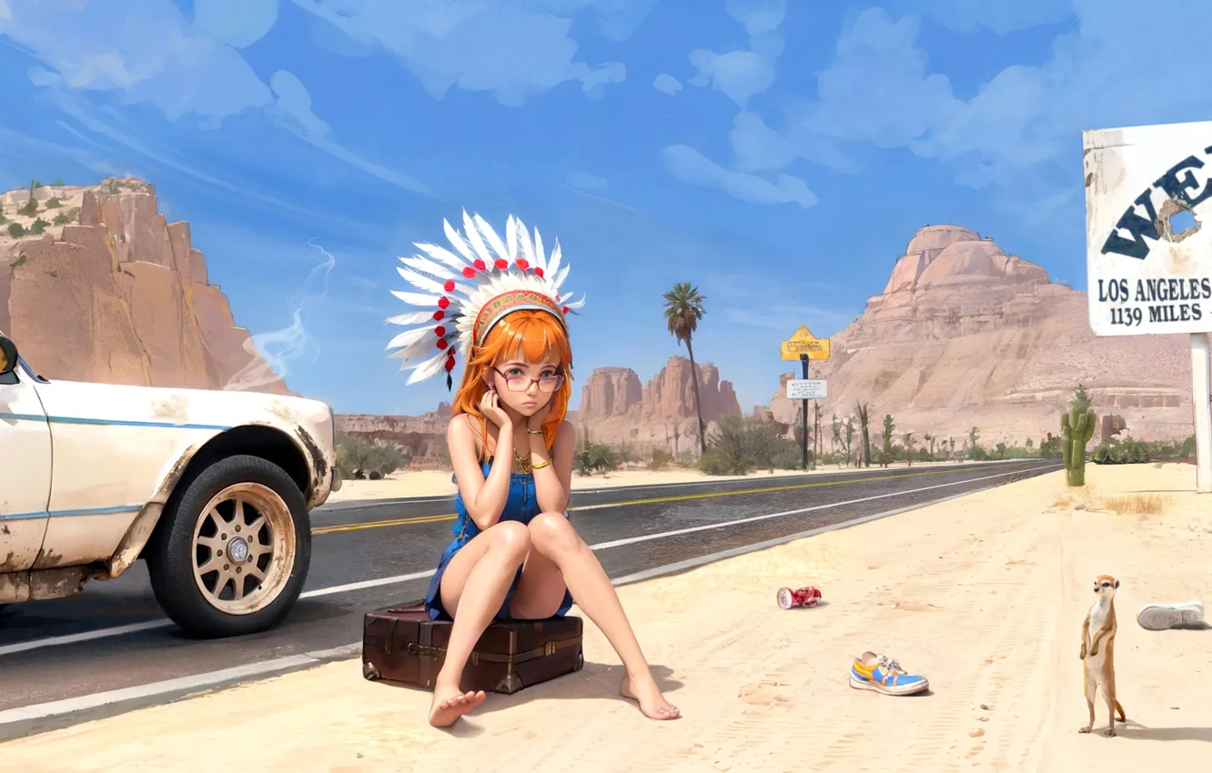 Фото обои girl, road, art, rendering, gopher