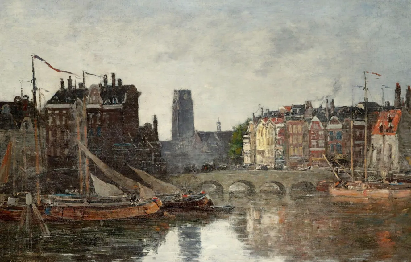 Фото обои дома, картина, городской пейзаж, Эжен Буден, Eugene Boudin, Роттердам. Мост у Биржи