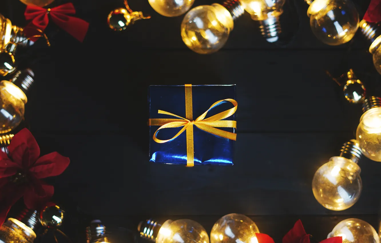 Фото обои украшения, lights, Новый Год, Рождество, подарки, Christmas, лампочки, wood