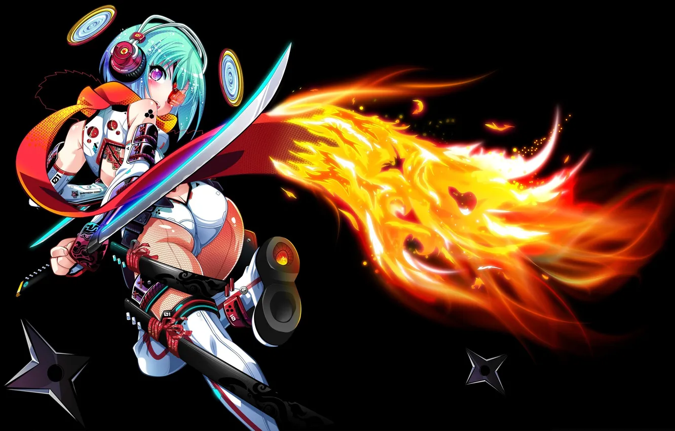 Фото обои девушка, темный фон, оружие, огонь, меч, наушники, арт, спиной