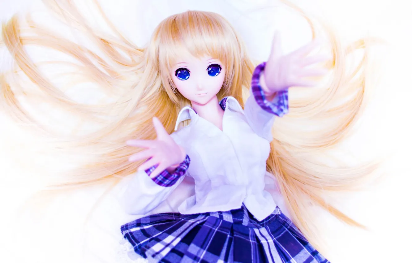 Фото обои игрушка, юбка, кукла, аниме, рубашка, длинные волосы, белый фон