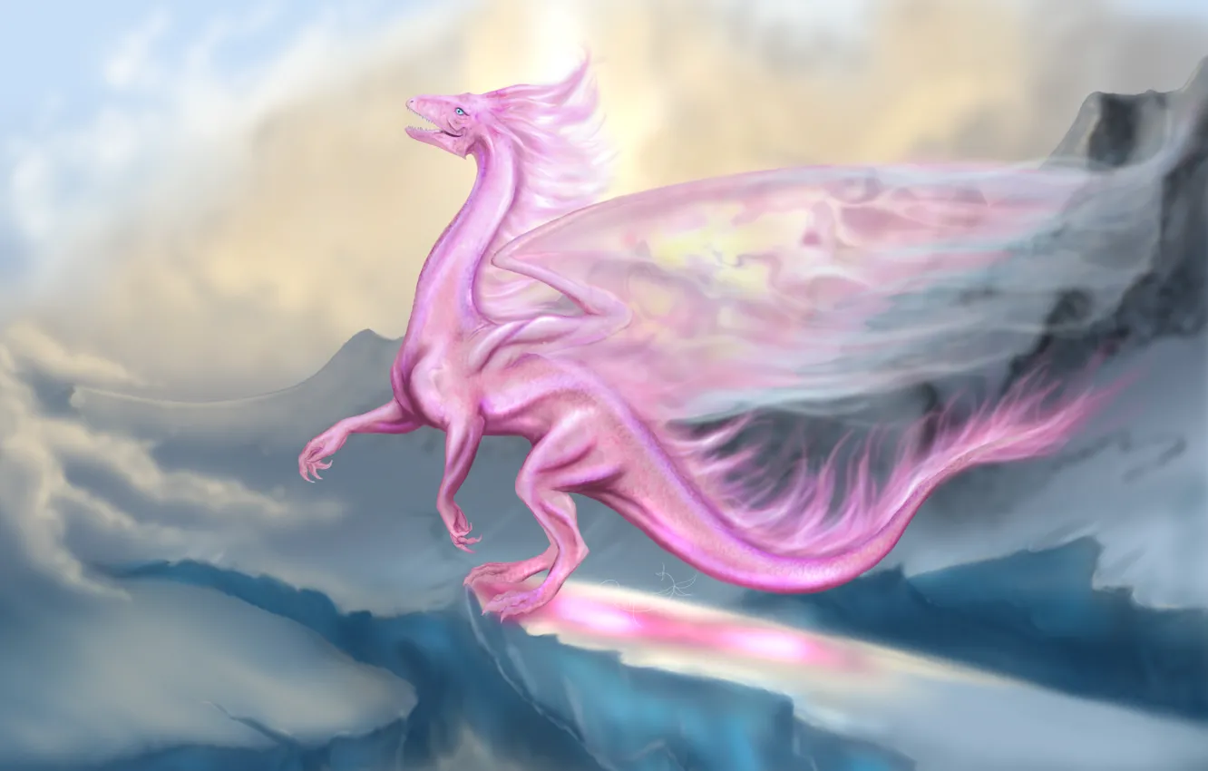 Фото обои розовый, дракон, полёт
