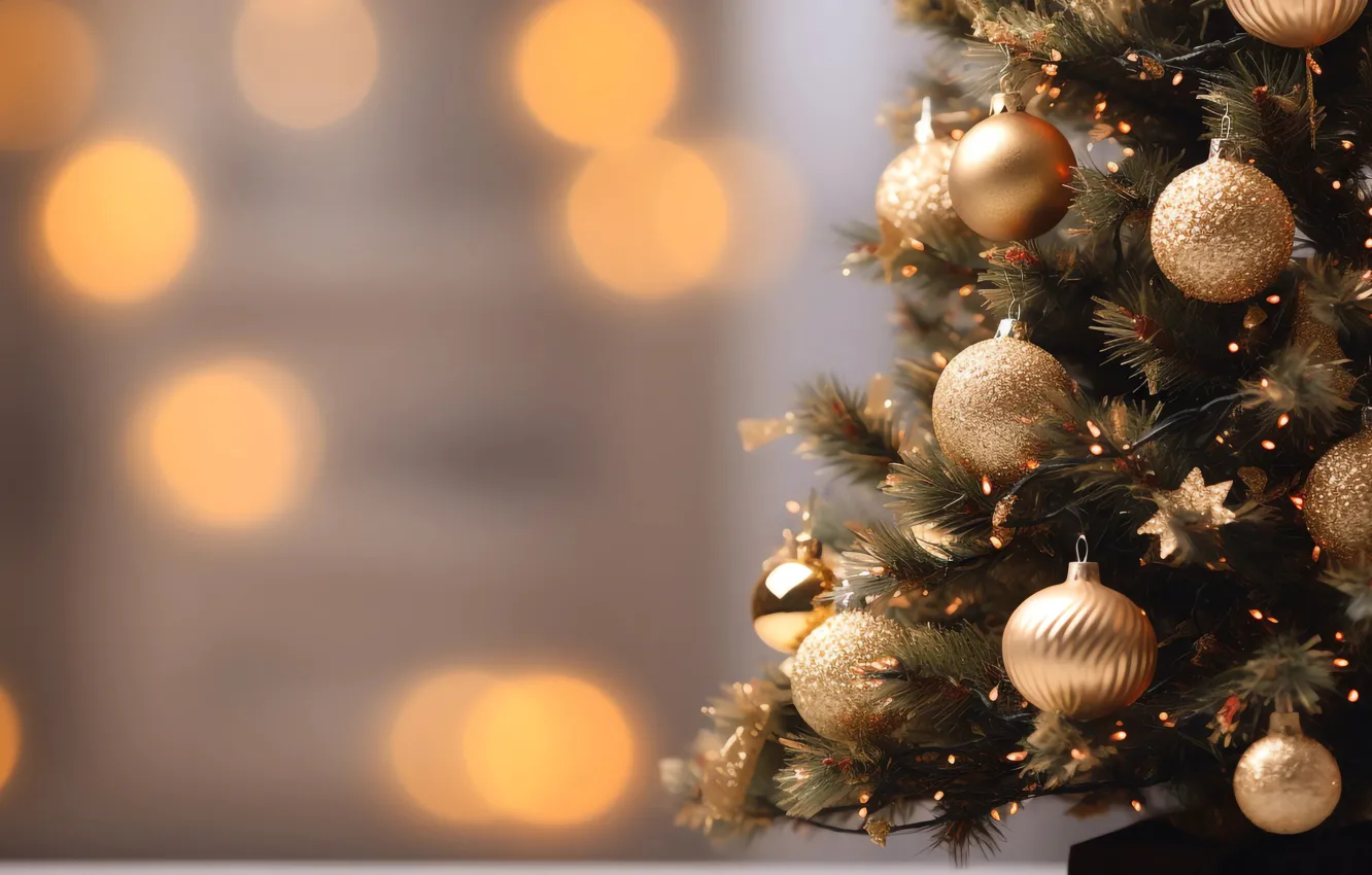 Фото обои украшения, фон, шары, елка, Новый Год, Рождество, golden, new year