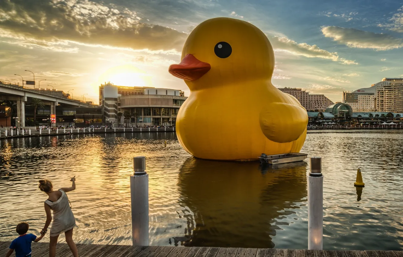 Фото обои city, big, water, Yellow rubber ducky