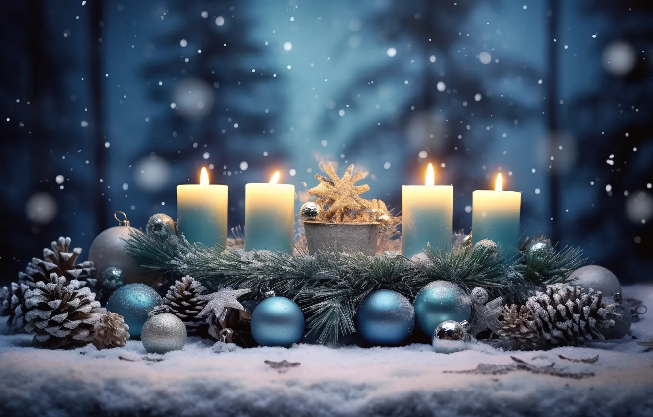 Фото обои зима, снег, украшения, ночь, шары, елки, свечи, Новый Год