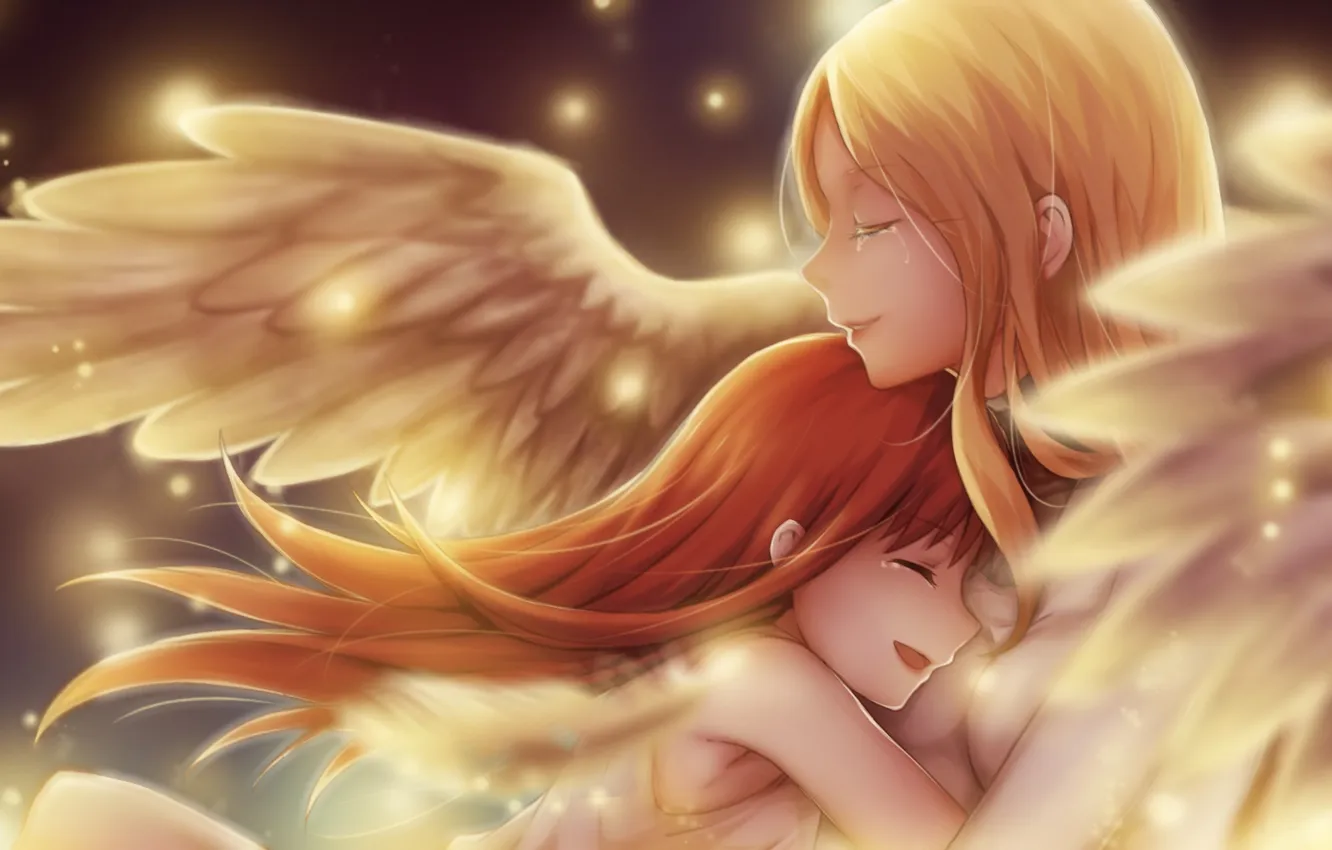Фото обои девушки, крылья, ангел, слезы, объятья, art, claymore, teresa