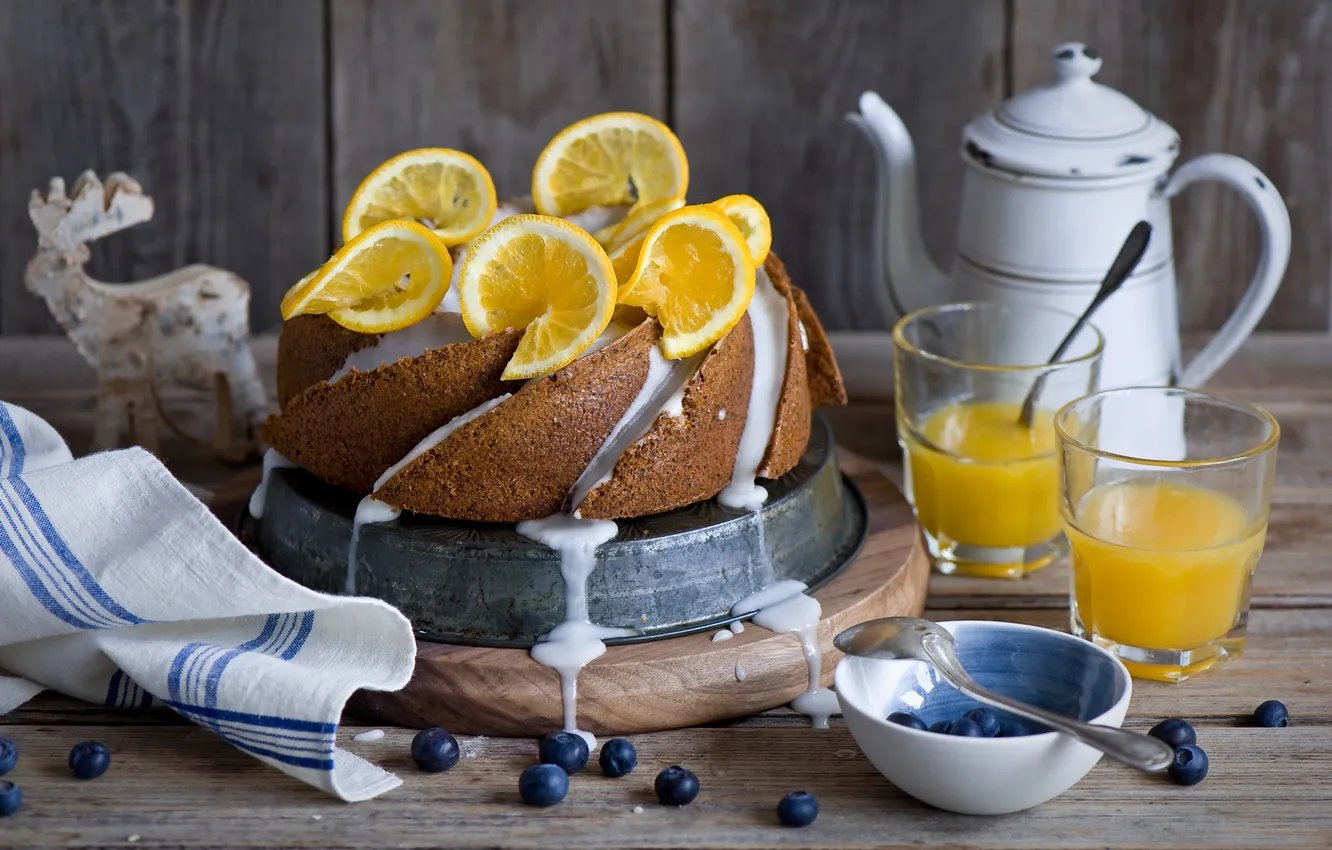 Фото обои ягоды, лимон, чайник, торт, натюрморт