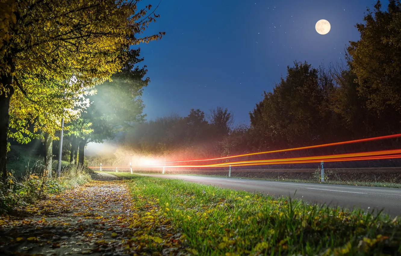 Фото обои дорога, ночь, огни