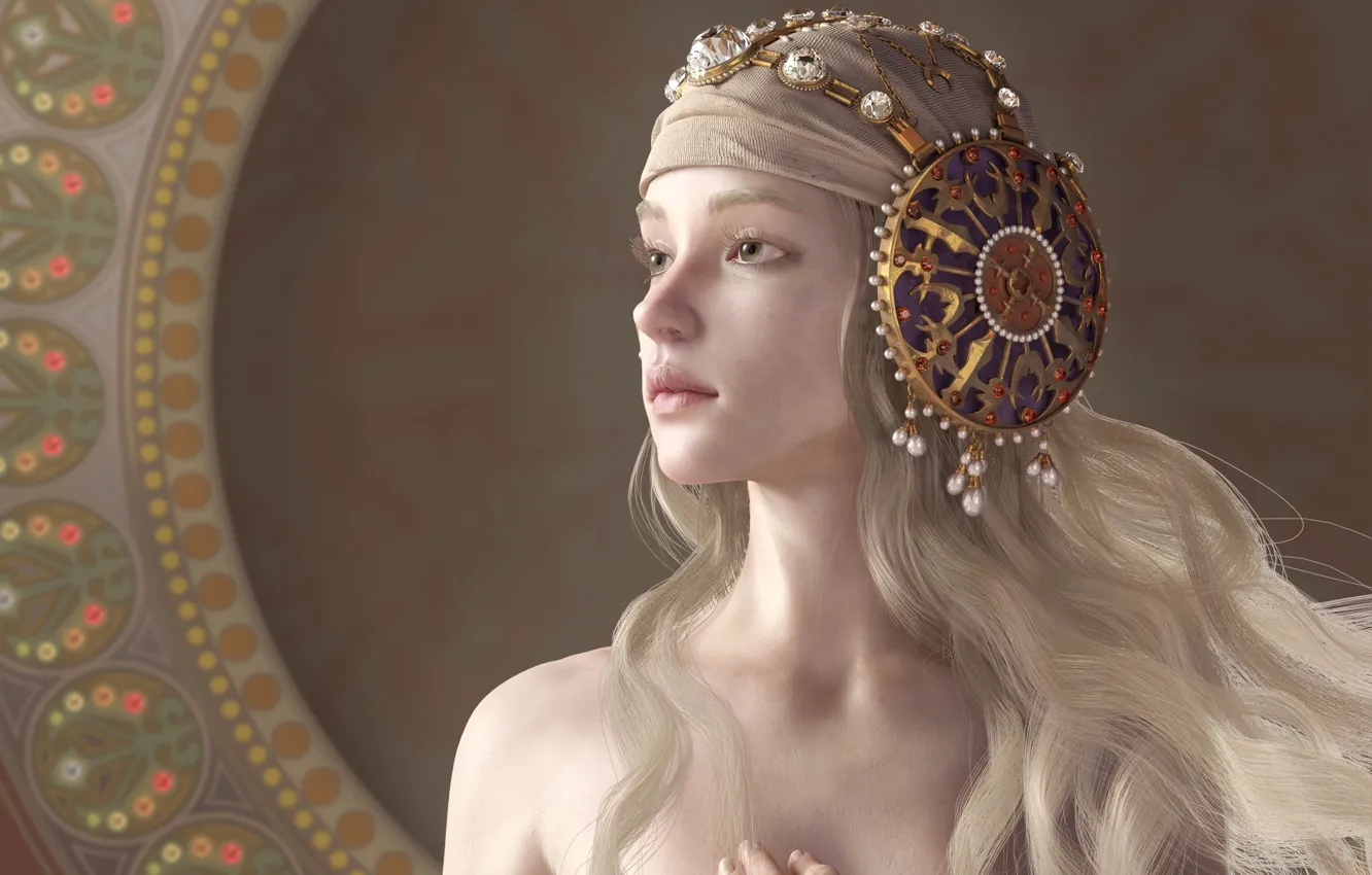 Фото обои девушка, украшения, фон, узор, волосы