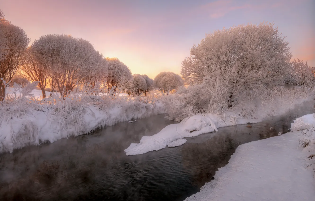 Фото обои зима, иней, деревья, река, рассвет, мороз, Эдуард Гордеев