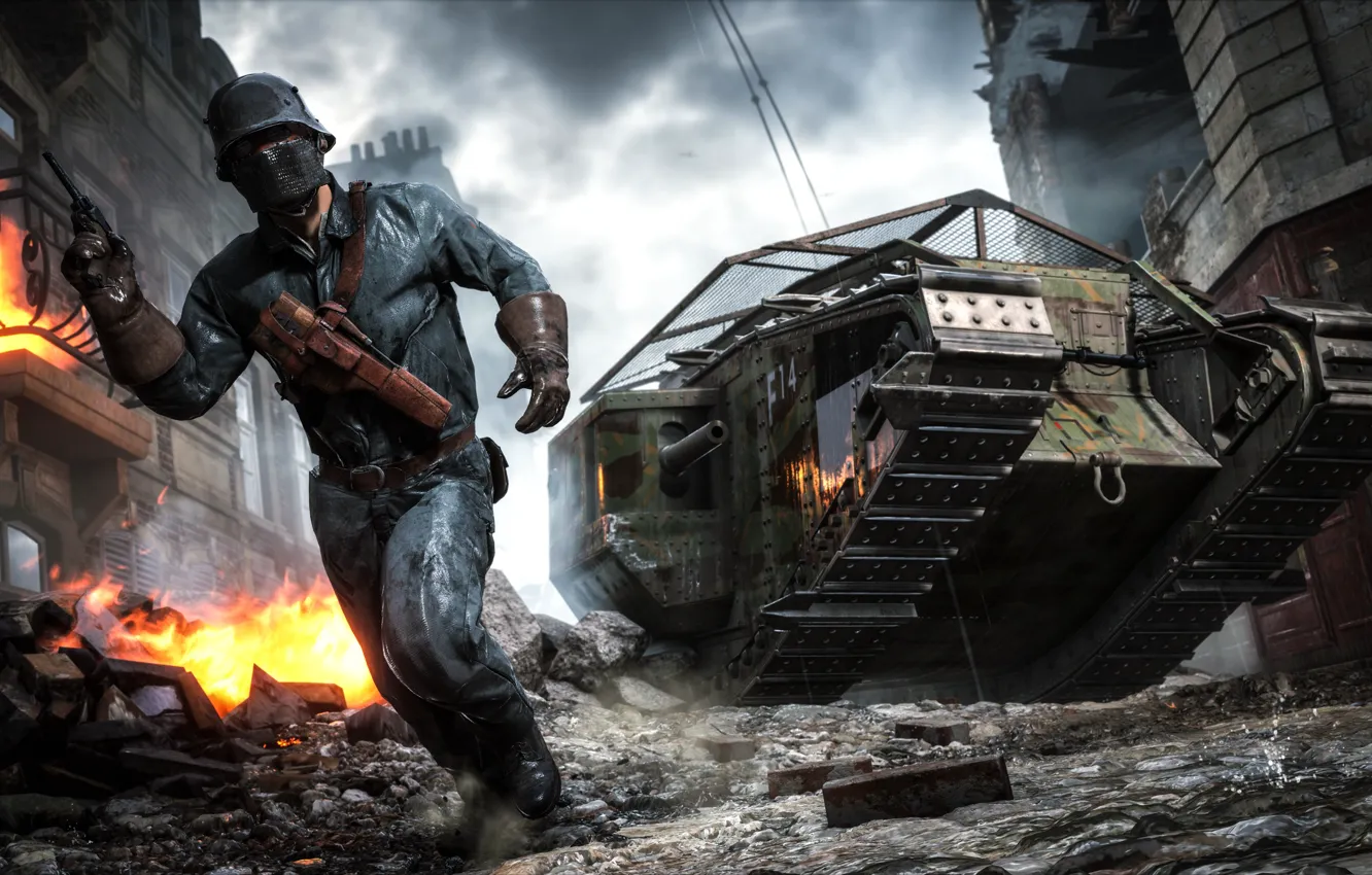 Фото обои война, игра, солдат, развалины, танк, сражение, Electronic Arts, Battlefield 1