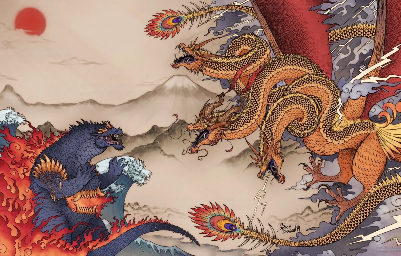 Фото обои monster, art, Godzilla, Japan Style, King Ghidorah, Godzilla King of the Monsters (2019), Space Dragon