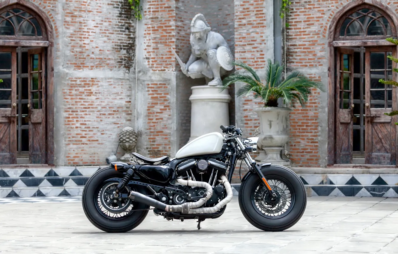 Фото обои Статуя, Мотоцикл, Harley-Davidson, Вид сбоку, Двор