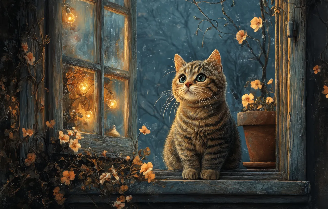 Фото обои кошка, взгляд, цветы, ночь, огни, поза, котенок, окно