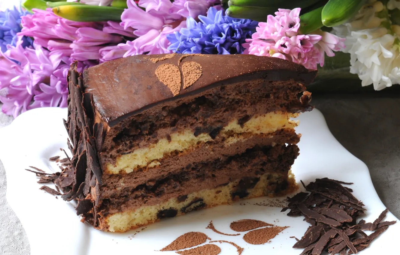 Фото обои цветы, шоколад, торт, крем, десерт, кусок