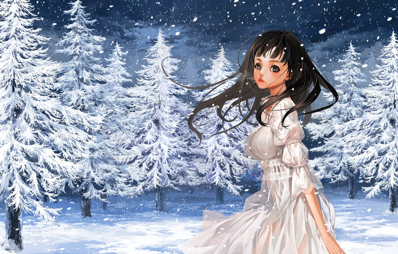 Фото обои зима, девушка, снег, природа, елки, аниме, арт, пар