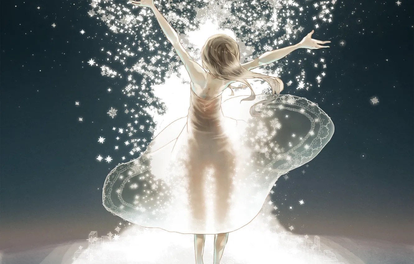 Фото обои девушка, звезды, свет, магия, аниме, арт, mizutamari tori