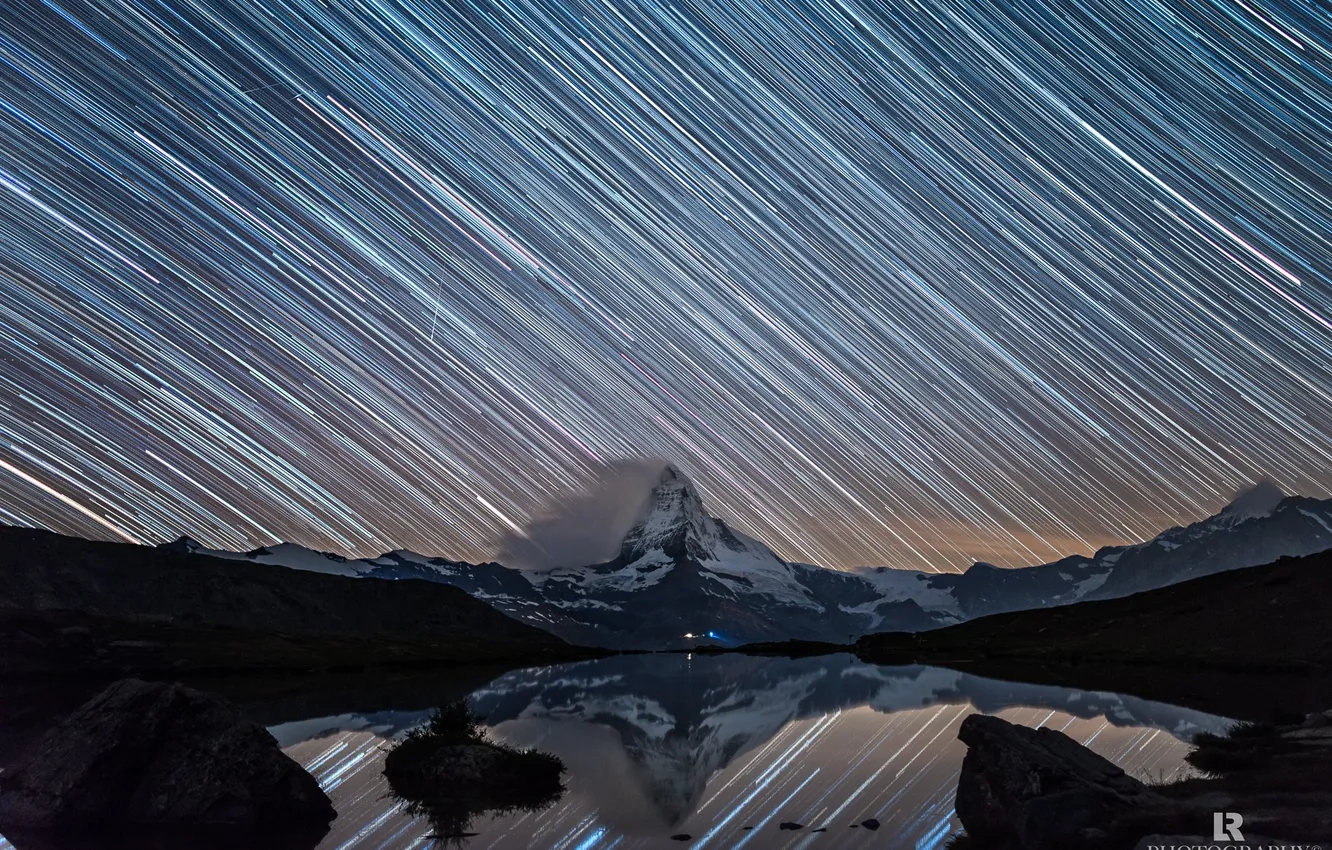 Фото обои звезды, снег, ночь, озеро, гора, выдержка