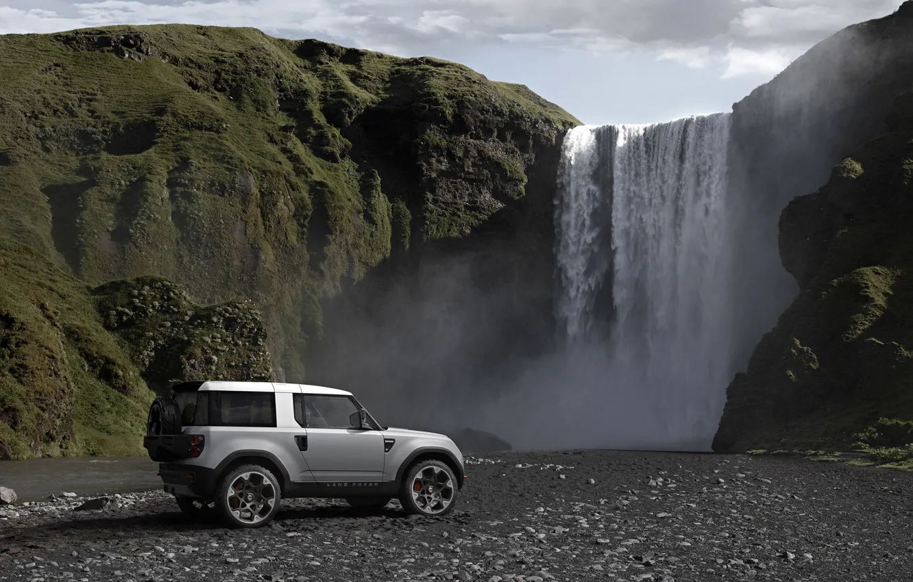 Фото обои пейзаж, горы, скалы, водопад, Land Rover, Sport