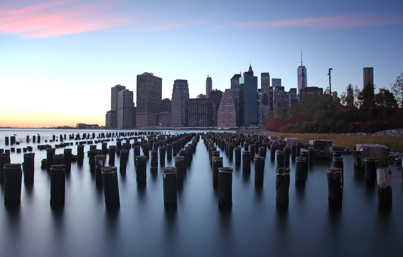 Фото обои USA, skyline, trees, Sunset, water, New York, Manhattan, NYC