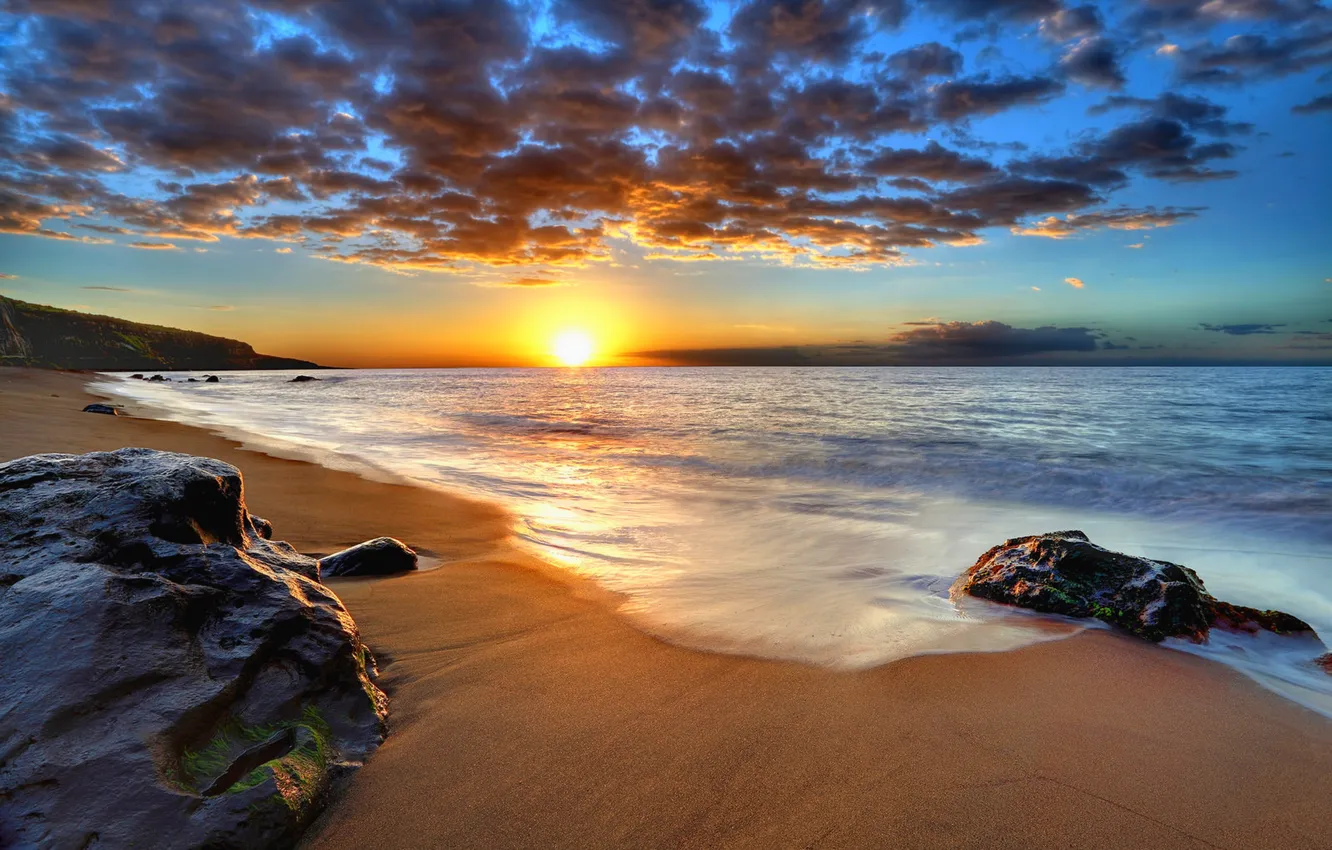Фото обои песок, море, пляж, небо, солнце, пейзаж, закат, природа