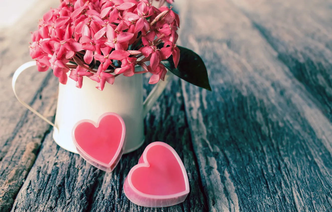 Фото обои цветы, стол, сердца, сердечки, розовые