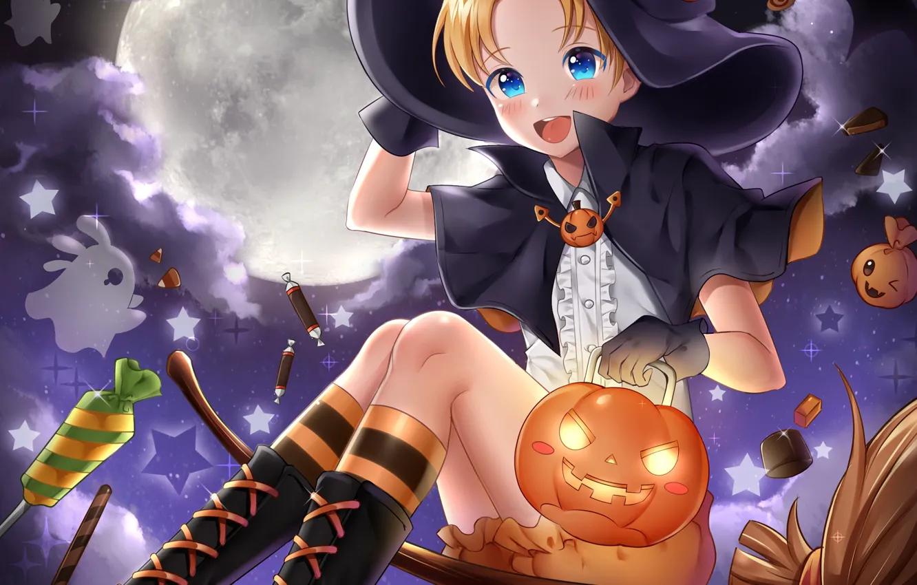 Фото обои девочка, тыква, хеллоуин, ведьмочка