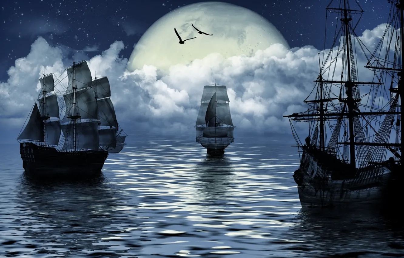 Фото обои море, фантазия, луна, корабль, moon, fantasy, sea, ship