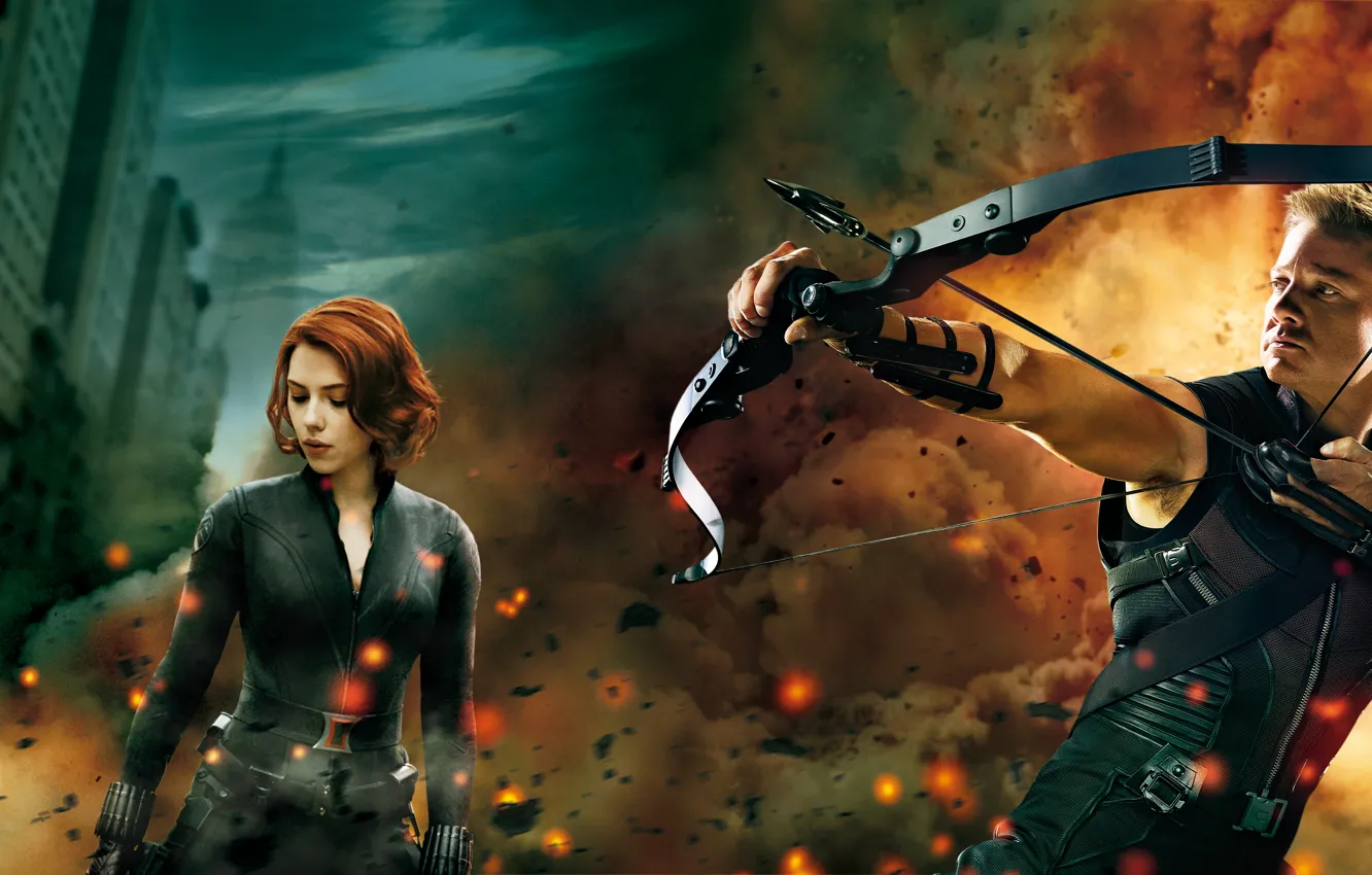 Фото обои Scarlett Johansson, Скарлетт Йоханссон, Black Widow, Джереми Реннер, Мстители, Hawkeye, Черная Вдова, Jeremy Renner