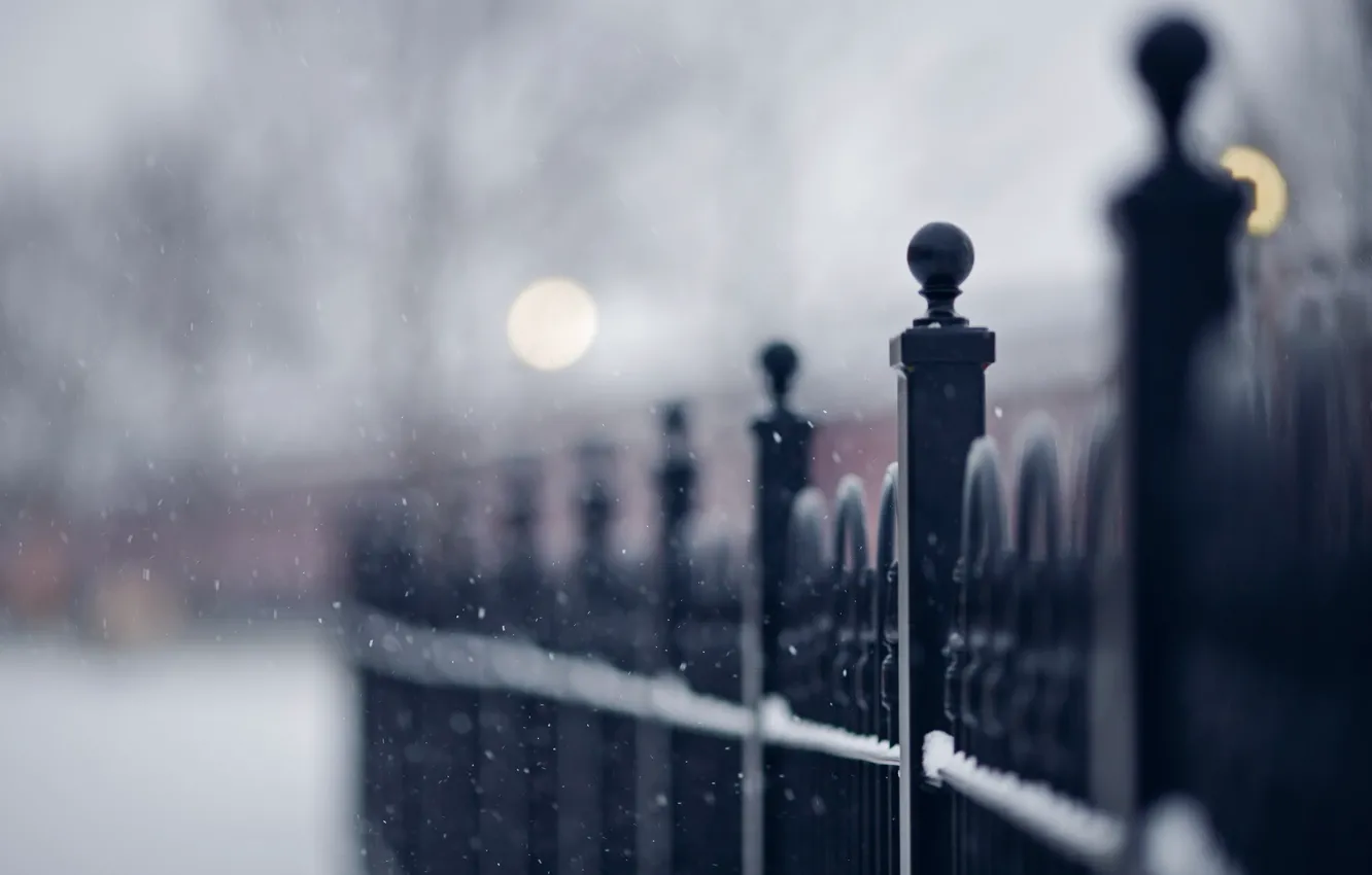Фото обои макро, снег, улица, забор