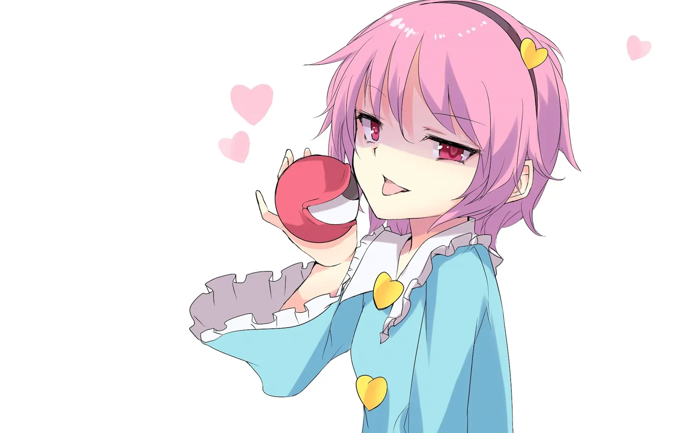 Фото обои существо, сердечки, белый фон, touhou, ободок, розовые волосы, высунул язык, Touhou Project