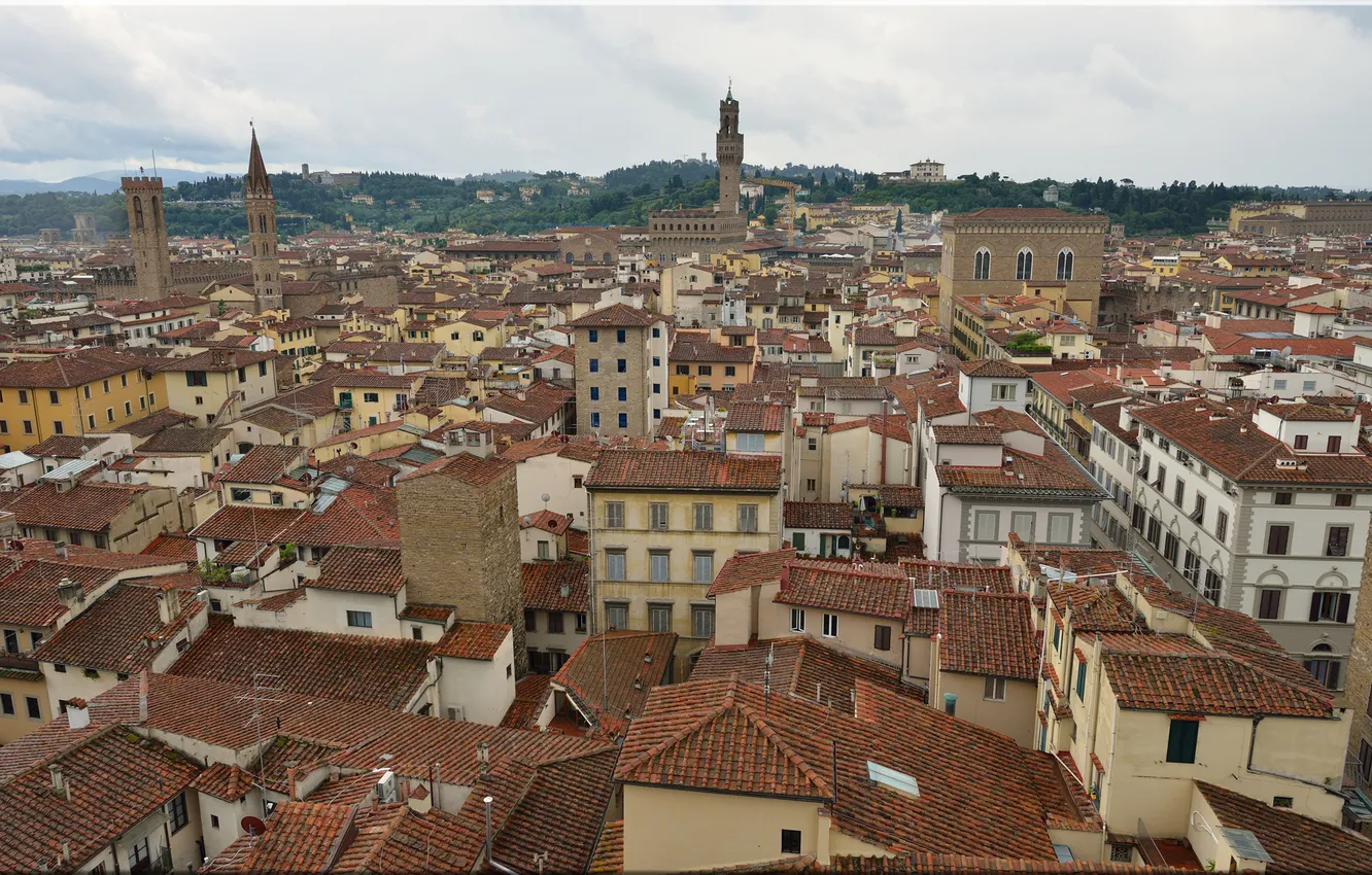 Фото обои крыша, небо, дома, Италия, панорама, Флоренция, дворец Палаццо Веккьо