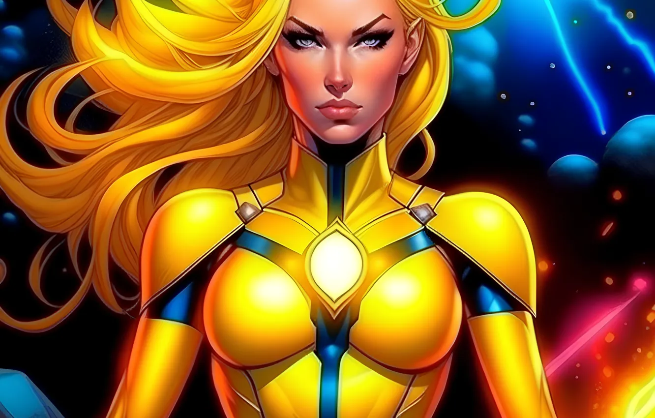 Фото обои art, Captain Marvel, yellow lantern superheroine