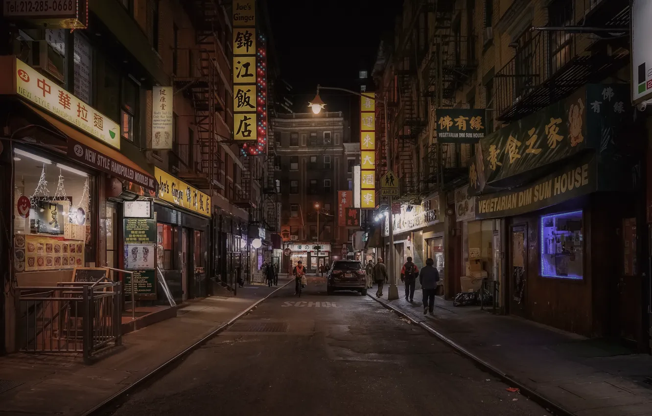 Фото обои United States, night, New York, street, people, Chinatown, cityscape, shops
